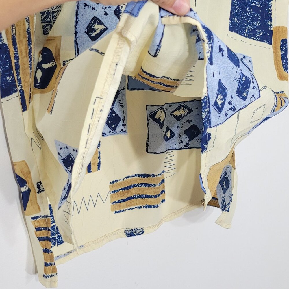 Vintage Unisex Abstract Yellow Blue Print Short Sleeve Button-Up Shirt Retro - Picture 5 of 11